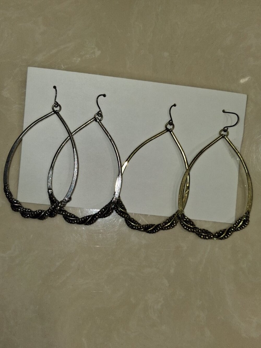 Silvertone & Goldtone Teardrop Hoop Earrings Bundle Twisted Bead Detail